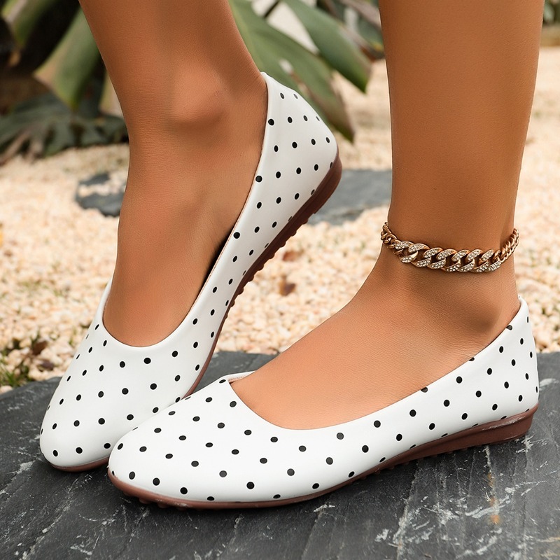 Women Shoes Wedges - Женские белые туфли-балетки в горошек с