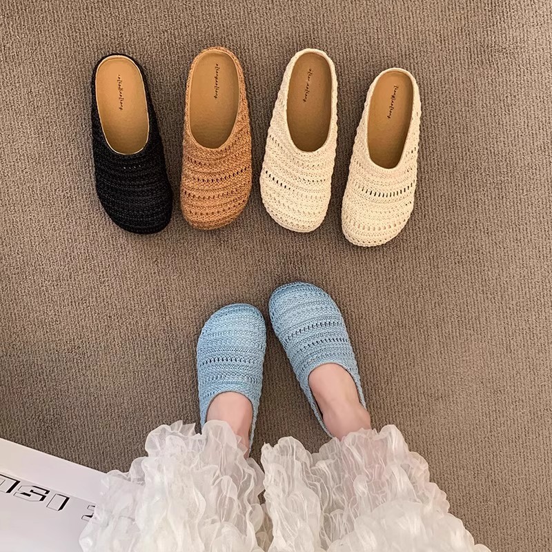 Women Shoes Mules - Женские тапочки-мюли из рафии, летние дышащие