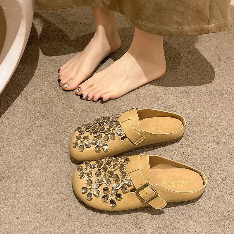 Women Shoes Mules - Женские мюли-сабо с цветочным узором, стразами